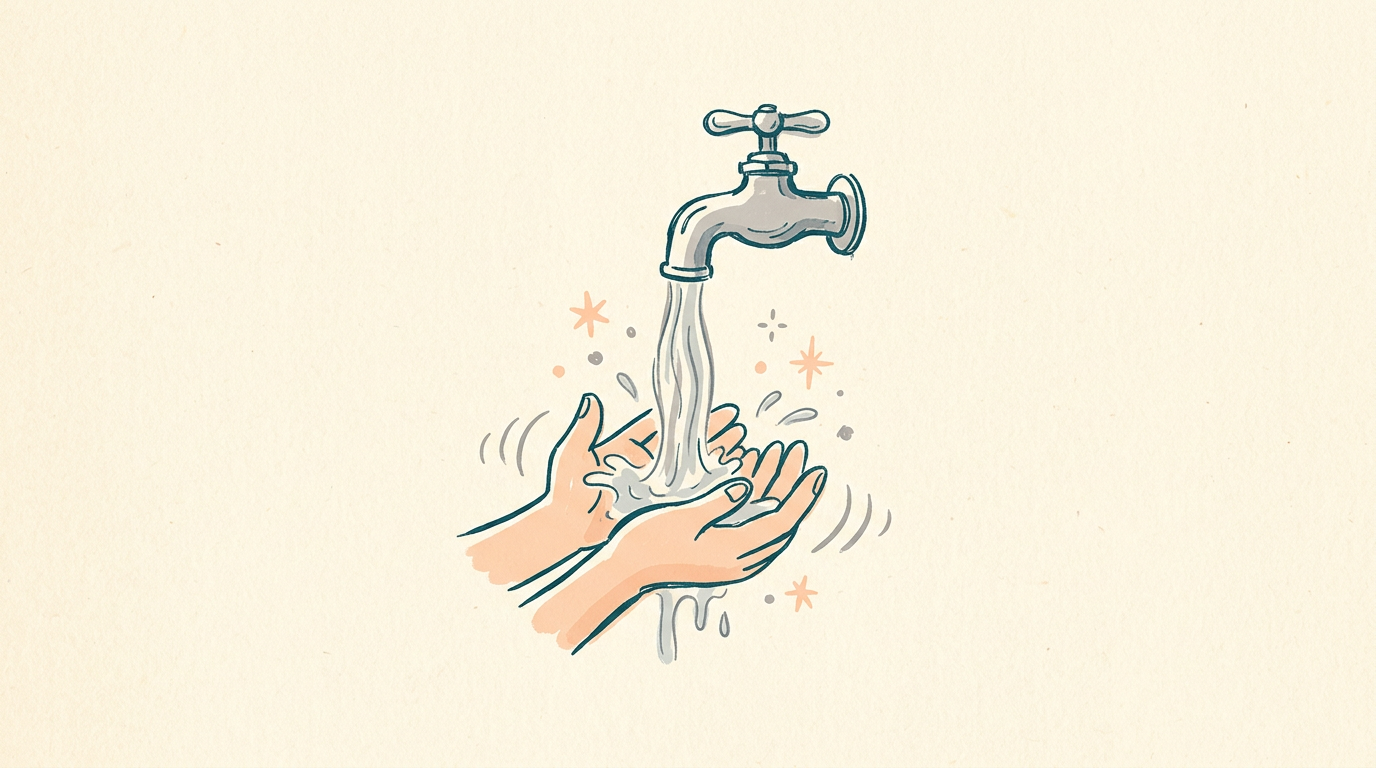 Hands under running water—quick ink lines and soft color, like a magazine sidebar.