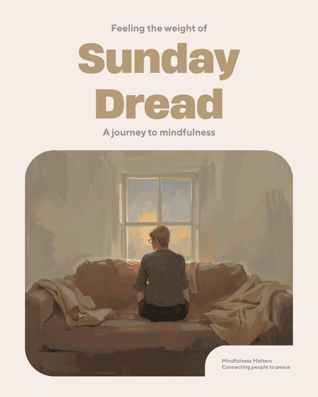 A person sitting quietly on a soft couch, not doing anything. The afternoon light is fading through the window behind them.