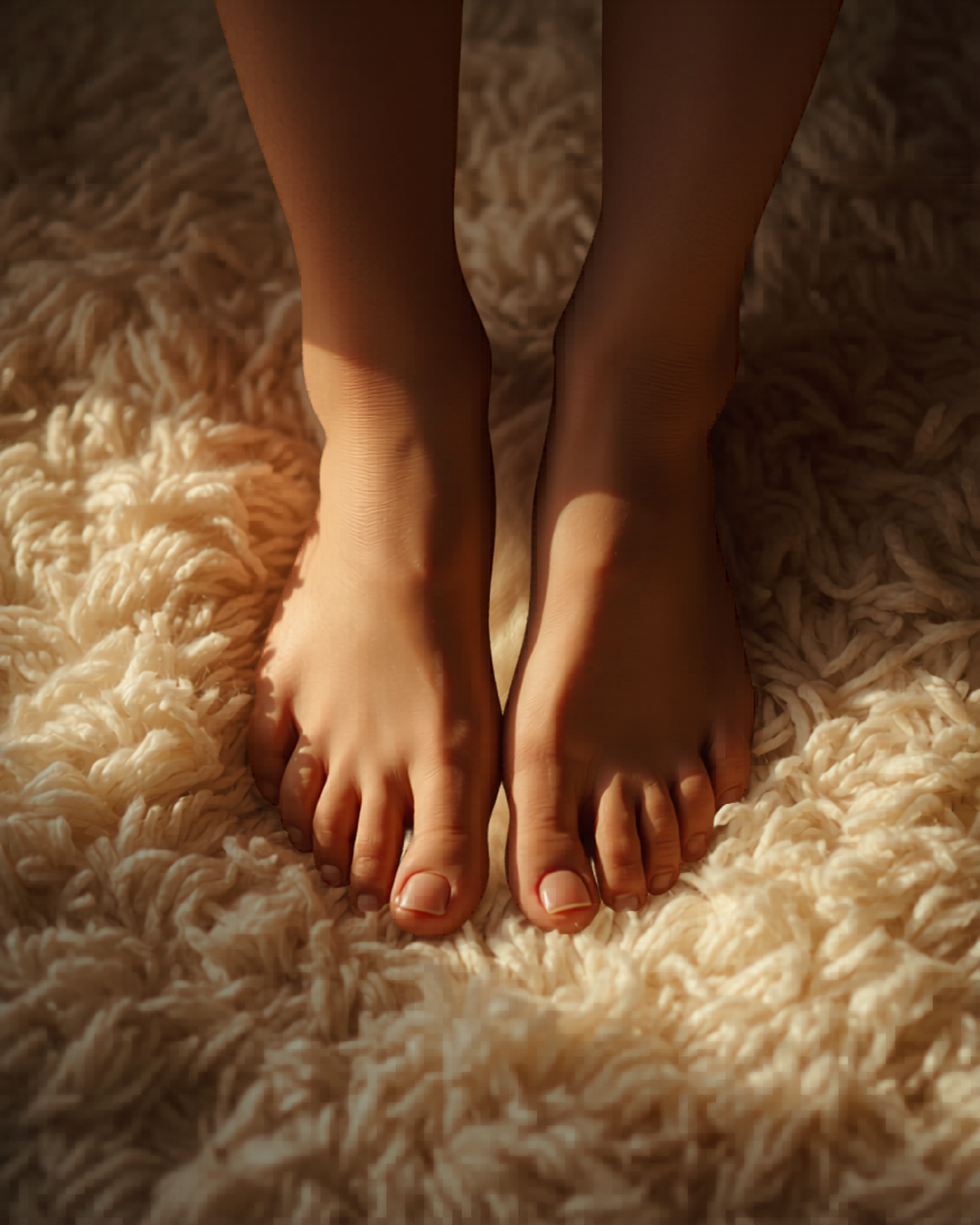 Bare feet resting on a soft warm rug. Small, quiet, grounded.